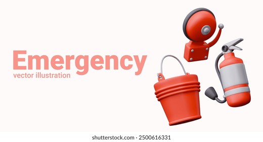 Set of objects for fire alarm and extinguishing. Realistic alarm bell, bucket, fire extinguisher