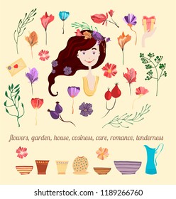 Set of objects flowers, grass, vases, pots, jug, girl, nature, garden. Colorful hand drawn vector stock illustration.