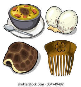 A set of objects and food from the turtles. Vector illustration.