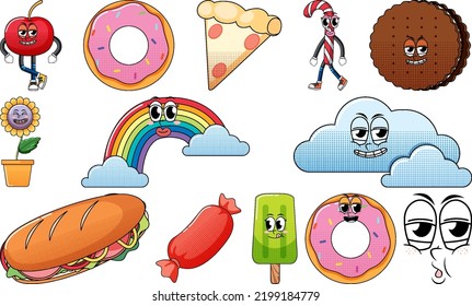 Set of objects and foods cartoon characters illustration