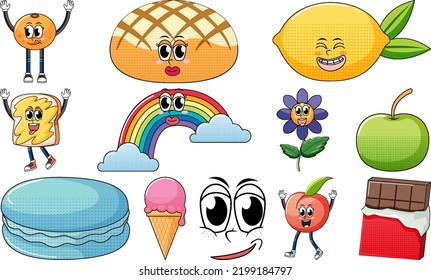 Set of objects and foods cartoon characters illustration