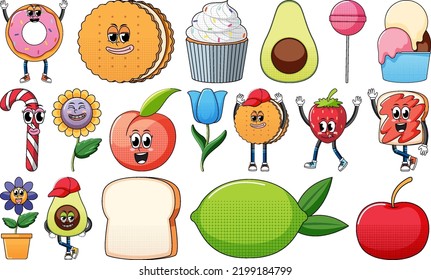 Set Objects Foods Cartoon Characters Illustration Stock Vector (royalty 