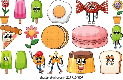 Dibujo de personajes de dibujos animados sobre objetos y alimentos