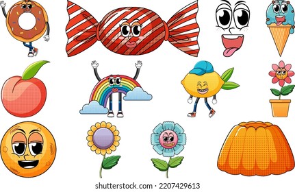 Set of objects and foods cartoon characters illustration