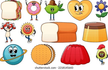 Set of objects and foods cartoon characters illustration