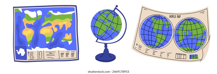 A set of objects for a geography lesson. Study of the environment and countries using maps and atlases. Attributes for a schoolchild. Vector illustration isolated on transparent background.