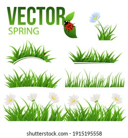 Set of objects with grass and flowers, vector illustration