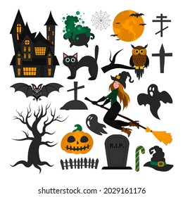 Set of objects for Halloween. Holiday symbols. Isolated objects of an owl, bat, black cat, pumpkin smile, spiderweb, cauldron with potion, witch on a broomstick, graves, and castle  with ghosts