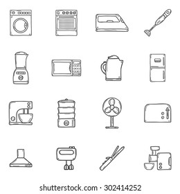 Set of objects in hand drawn cartoon outline style on home appliance theme: fridge, kettle, microwave, steamer, mixer, iron, stove. House care and housekeeping concept for your design