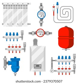 Set of objects for heating. Industrial image of plumbing objects.