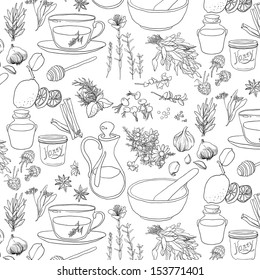 Set of objects and herbs to treat colds. Seamless pattern