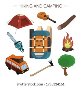 Set of objects of hiking and camping. Vector cartoon isometric 3D illustration. Tools, equipment and accessories for outdoor living. Collection of Isolated icons on white background