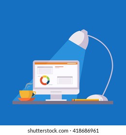 Set Of Objects For Home Office Flat Vector Illustration In Bright Colorful Simplified Infographic Style 