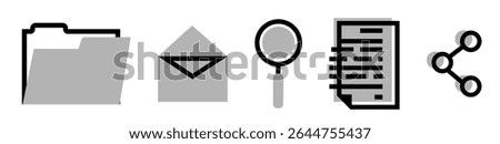 Set of IT objects icons: folder, mail, magnifier glass, document and share sign, on transparent background, flat line design, vector illustration