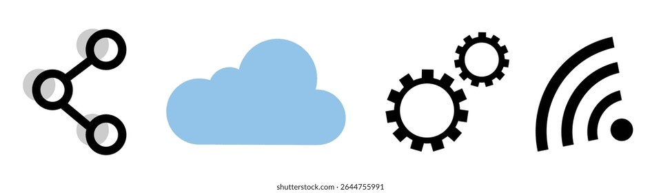 Conjunto de ícones de objetos de TI: sinal de compartilhamento, nuvem, engrenagens e sinal de rss, em fundo transparente, design de linha plana, ilustração vetorial