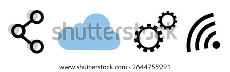 Set of IT objects icons: share sign, cloud, gears and rss sign, on transparent background, flat line design, vector illustration