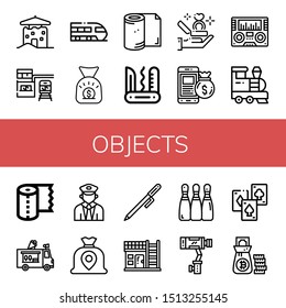 Set Of Objects Icons Such As House, Train Station, Train, Money Bag, Toilet Paper, Swiss Army Knife, Proposal, Radio, Paper Towel, Ice Cream Truck, Pen, Bowling, Stabilizer , Objects