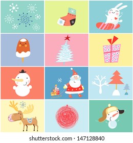 set of objects and images of the new year on colored backgrounds