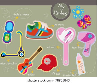A set of objects including toys, teen accessories