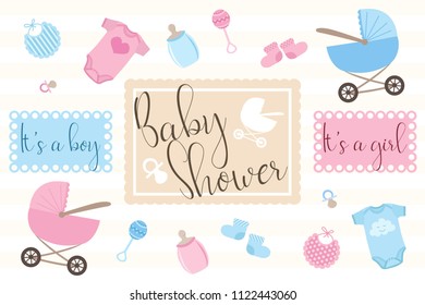 Set of objects for invitation cards for newborns on the Babie shower party. Illustration for boys and girls in blue and pink tones on a light background with the inscriptions.