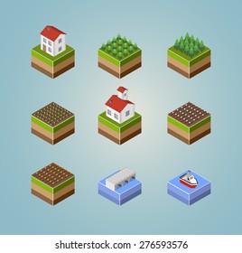 Set Of Objects Isometric Landscape Countryside Farm, Harvest, And Rivers.