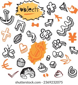 Set of Objects Items Elements Icons with Currency, Euro and Dollar Money Doodles in Various Colors - Vector Design Illustration from Hand Drawn Artwork - Pastries Nature Pleasure Collection 