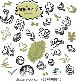 Set of Objects Items Elements Icons with Currency, Euro and Dollar Money Doodles in Various Colors - Vector Design Illustration from Hand Drawn Artwork - Pastries Nature Pleasure Collection 