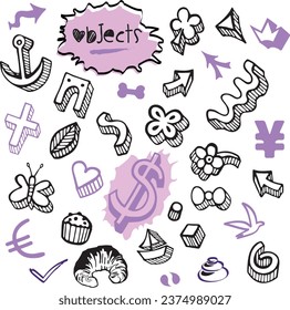 Set Set Set-Objekte Elemente Symbole mit Währungs-, Euro- und Dollar-Gelddoodles in verschiedenen Farben - Vektordesign-Illustration aus handgezeichneten Kunstwerken - Kollektion Naturliebensammlung für Pastries 