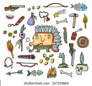 set of objects of life of American Indians. vector illustration