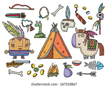 set of objects of life of American Indians. vector illustration