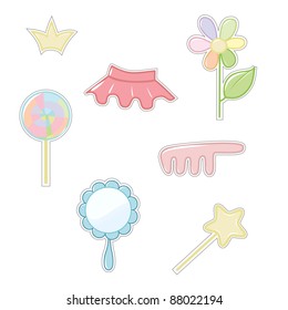 set of objects for little princess like flower, skirt, wand, mirror, crown, candy, comb