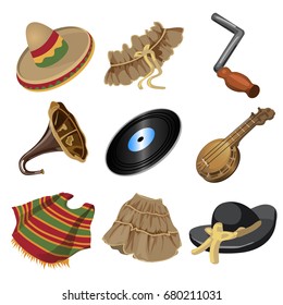 Set of objects in Mexican style isolated on white background. Sombrero, skirt, hat, clothes, poncho, gramophone records, musical instrument banjo, crank for gramophone. Vector cartoon illustration.