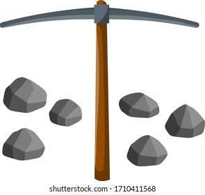 Set of objects of miner. extraction of mineral. Pickaxe and stones. Cartoon flat illustration. Technical work in mine