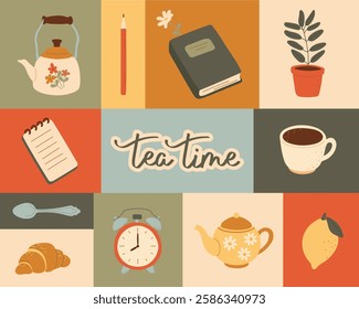 Set of objects for morning tea. Color vector illustration.