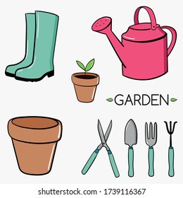 Set Of Objects Needed For Gardening And Farming Isolated Vector Illustrations. Rubber boots,plant,watering can.