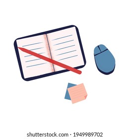 Set of objects notebook, pen, stickers and computer mouse, isolated on white background. Cartoon flat vector illustration. Concept for coffee break, rest at work, office workplace break.