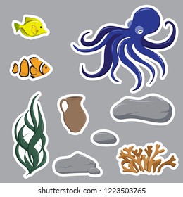 Set of objects with octopus, jar and fish