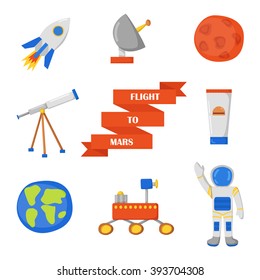 Set of objects on Flight to Mars theme in cute cartoon style. Astronaut, Mars mountain, cosmic food, rover, planets Earth and Mars. Colonization project concept. Human adventure to red planet