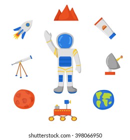 Set of objects on Flight to Mars theme in cute cartoon style. Astronaut, Mars mountain, cosmic food, rover, planets Earth and Mars. Colonization project concept. Human adventure to red planet
