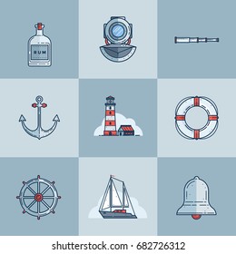 Set of objects on marine theme on blue background. Linear colored icons. Images lighthouse, diver helmet, lifebuoy, bottle of rum, spyglass, anchor, bell, ship steering wheel and sailboat.
