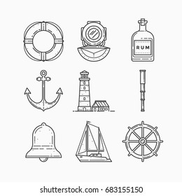 Set of objects on marine theme on white background. Linear icons. Images lighthouse, diver helmet, lifebuoy, bottle of rum, spyglass, anchor, bell, ship steering wheel and sailboat.