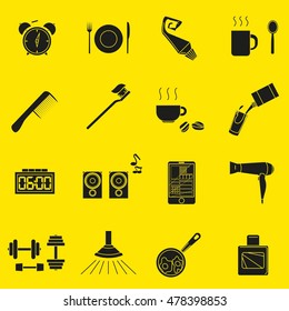 a set of objects on the morning. Black silhouettes of objects on a yellow background. Icons, logos, posters for shops and websites. Vector Illustration