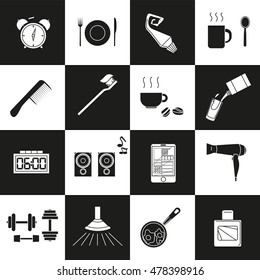 a set of objects on the morning. Black and white silhouettes of objects on a checkerboard background. Icons, logos, posters for shops and websites. Vector Illustration