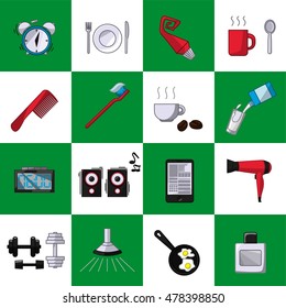a set of objects on the morning. Colored objects on a chessboard white green background. Icons, logos, posters for shops and websites. Vector Illustration
