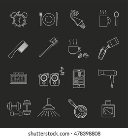 a set of objects on the morning. White contour objects on a black background. Only a stroke. Icons, logos, posters for shops and websites. Vector Illustration