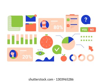 Set of objects on the subject of research and social surveys. Documents, diagrams, stopwatch, user cards, persons. Vector illustration isolated on white background.