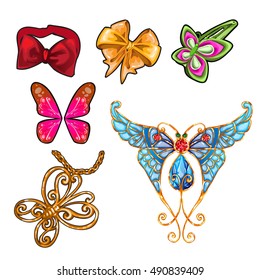 The set of objects on the theme of butterflies isolated on a white background. Vector cartoon close-up illustration