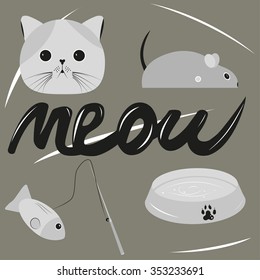 Set of objects on the theme of cats. Mouse, fish, fishing rod and  bowl