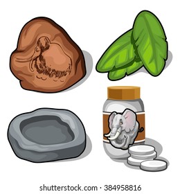 The set of objects on the theme of the elephant and the ancient ancestor of the mammoth. Vector illustration.