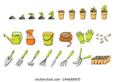 A set of objects on the theme of gardening, garden tools, sprouted seedlings, seedlings in doodle style on a white isolated background